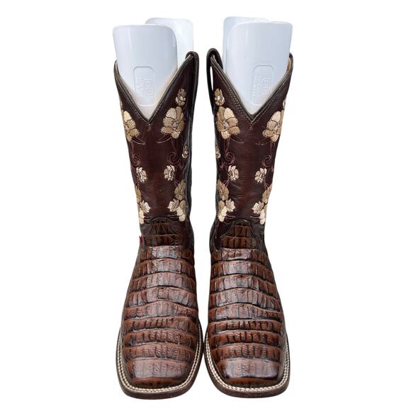 Big Bull Brown Crocadile Embroidered Floral Cowgirl Boots Size 25.5 US 8.5 - Picture 7 of 11
